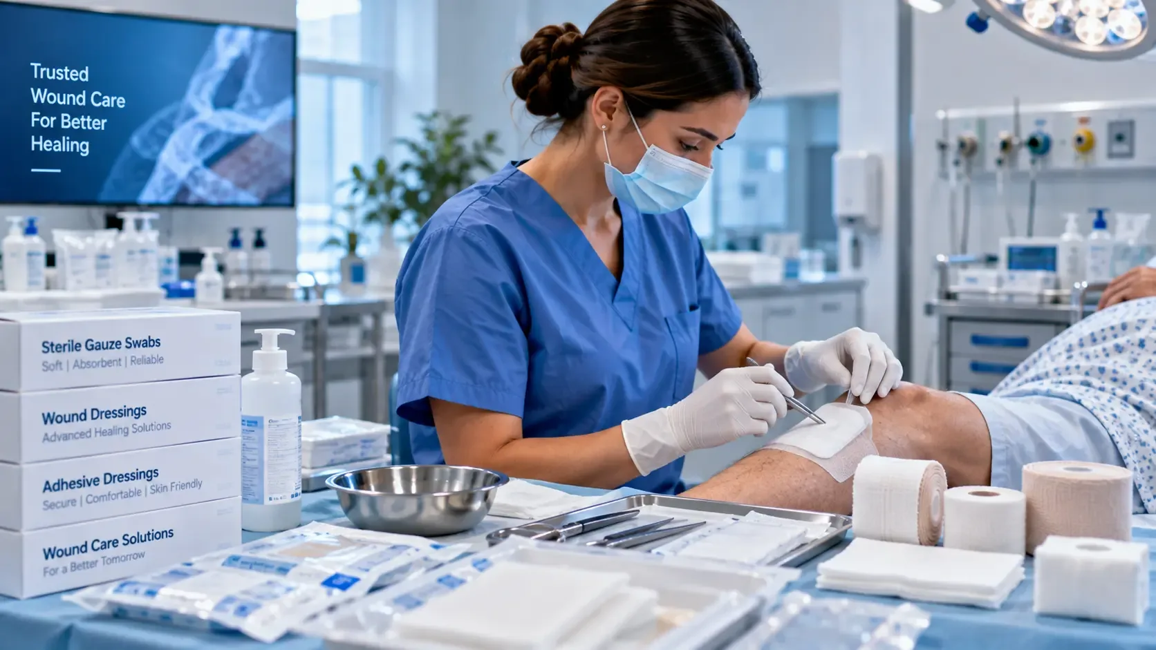 Gloved healthcare professional preparing a sterile dressing