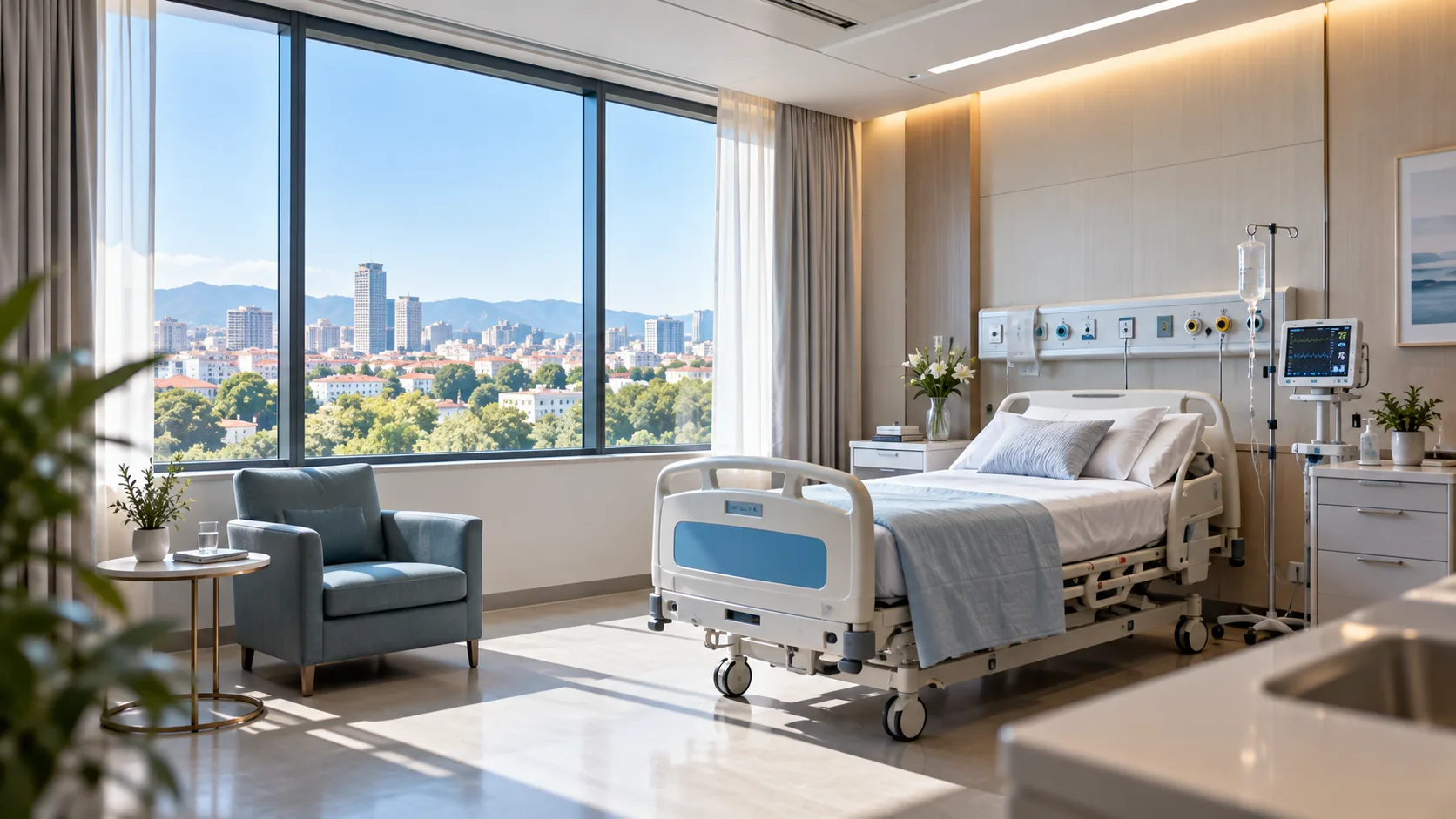 Premium private hospital room with modern medical technology