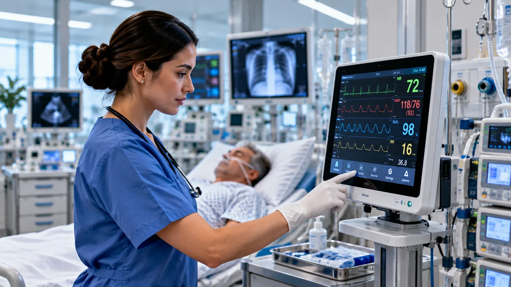 Healthcare professional reviewing a modern patient monitor