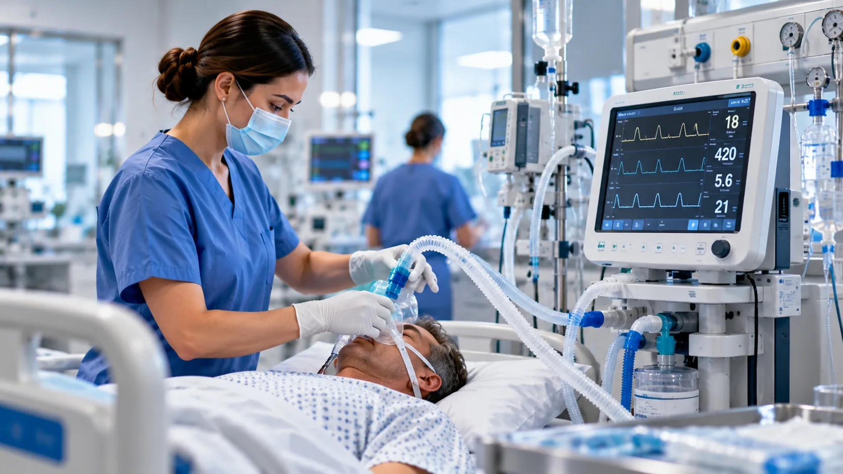 Clinician working with modern respiratory and anaesthesia equipment