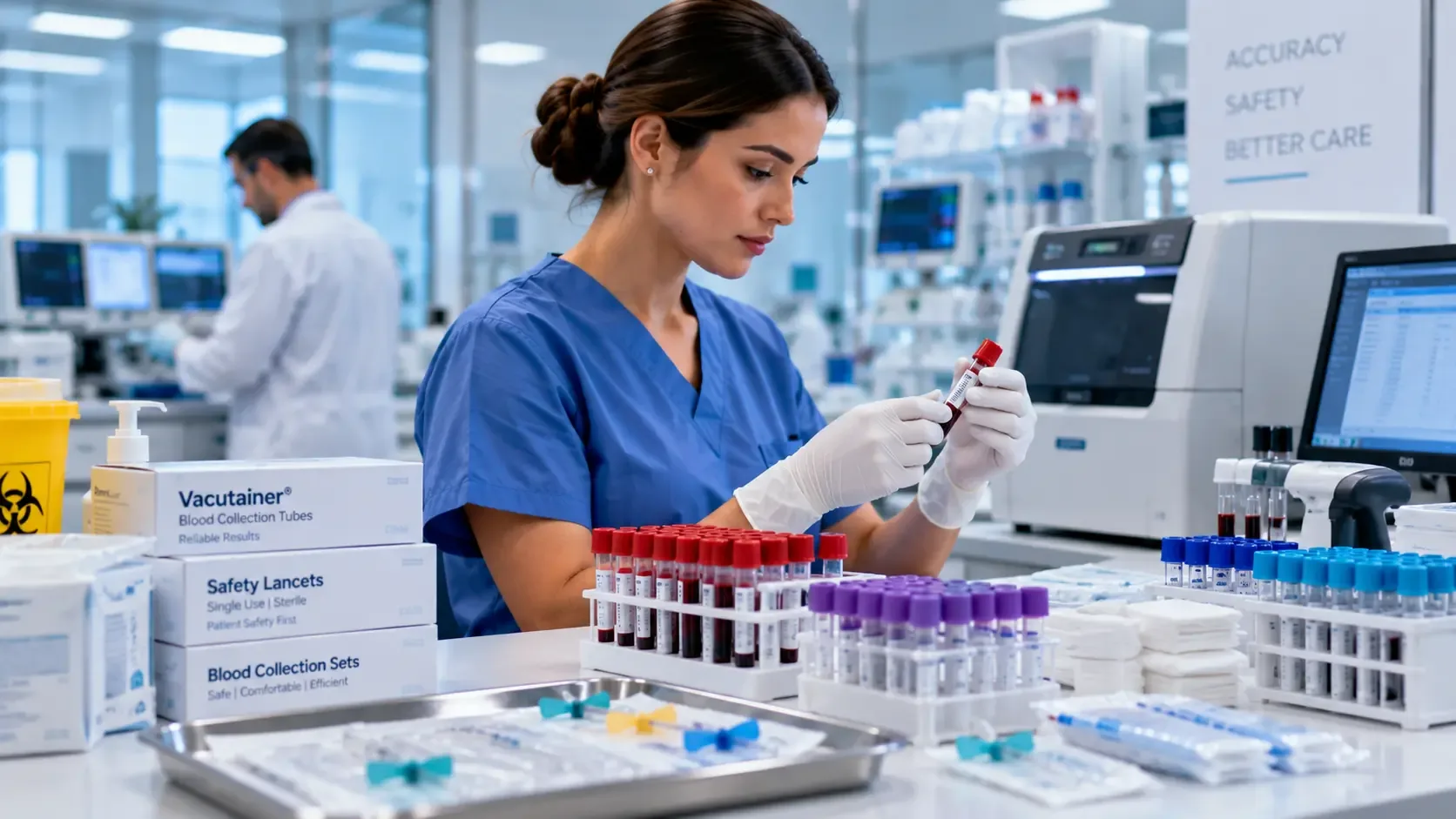 Laboratory professional handling medical samples during a quality-controlled process