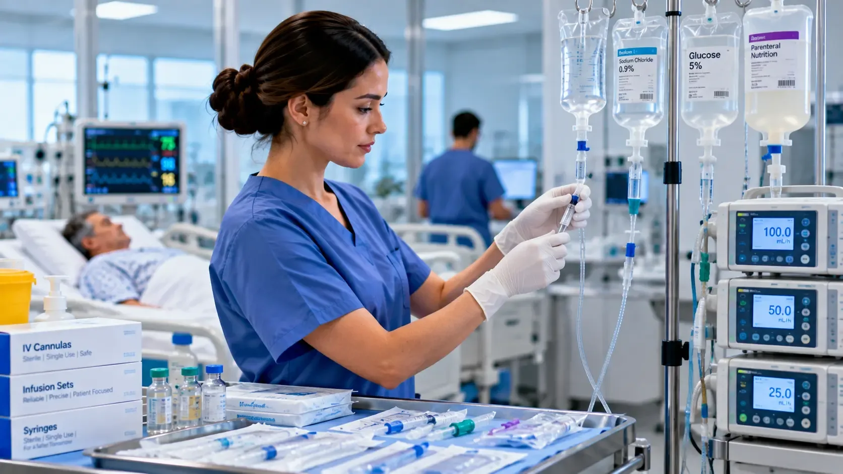 Healthcare professional preparing an infusion line