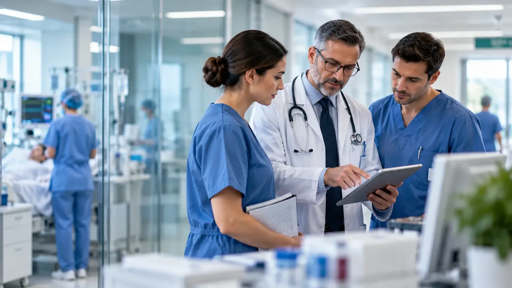 Modern healthcare team reviewing clinical information together