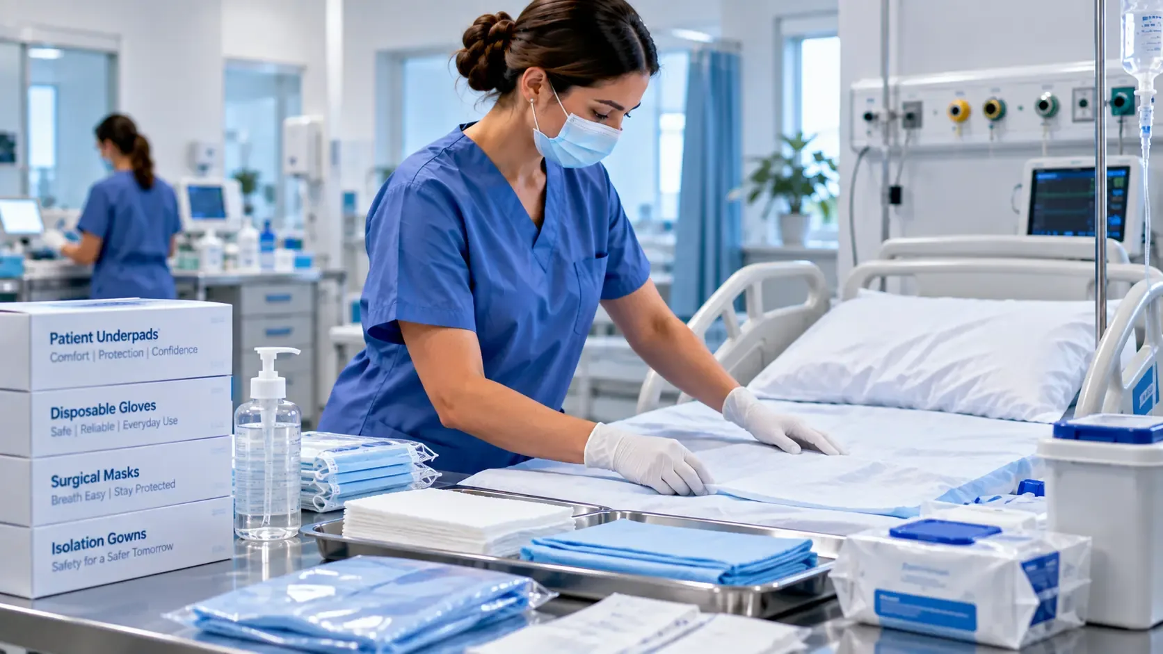 Nurse preparing a hospital bed with protective supplies