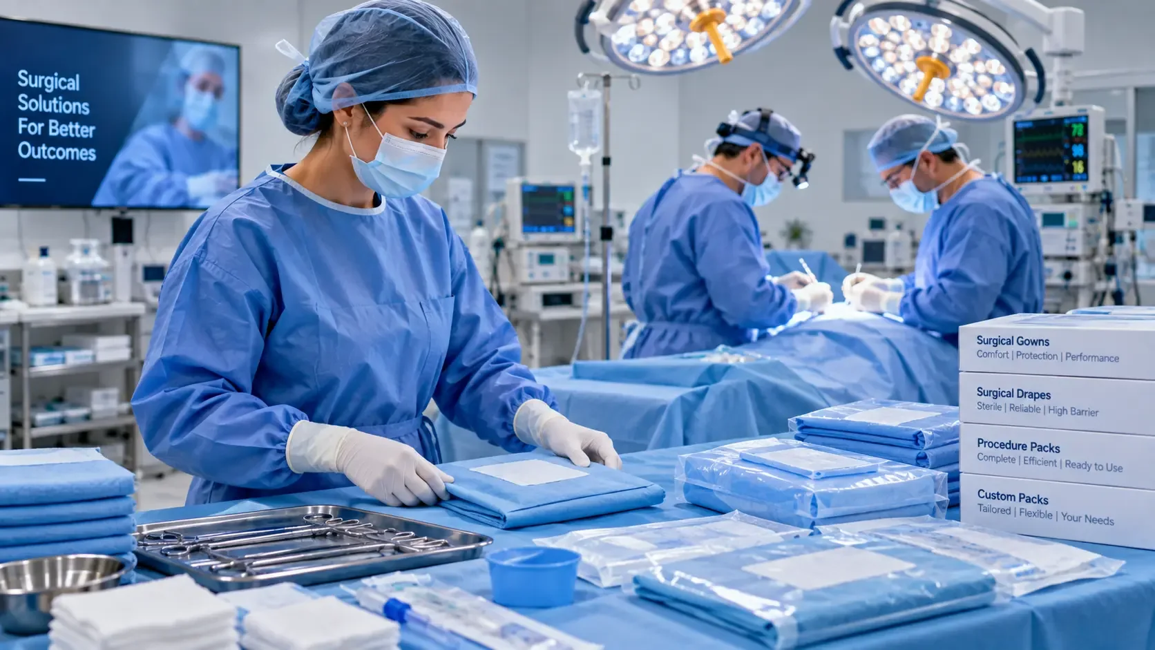 Surgical team in sterile gowns and drapes in a modern operating theatre